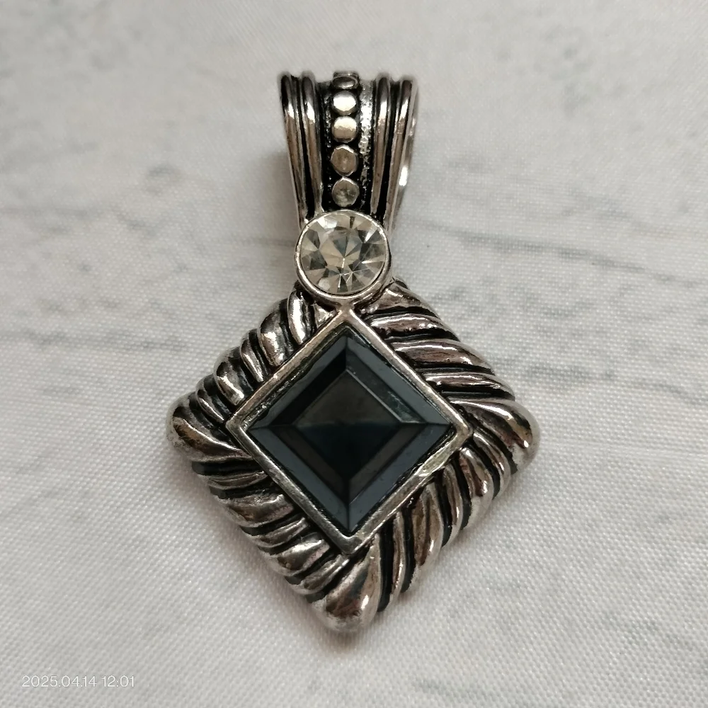 Women's Silver Tone and Black Square Pendant Accented Clear Rhinestone
